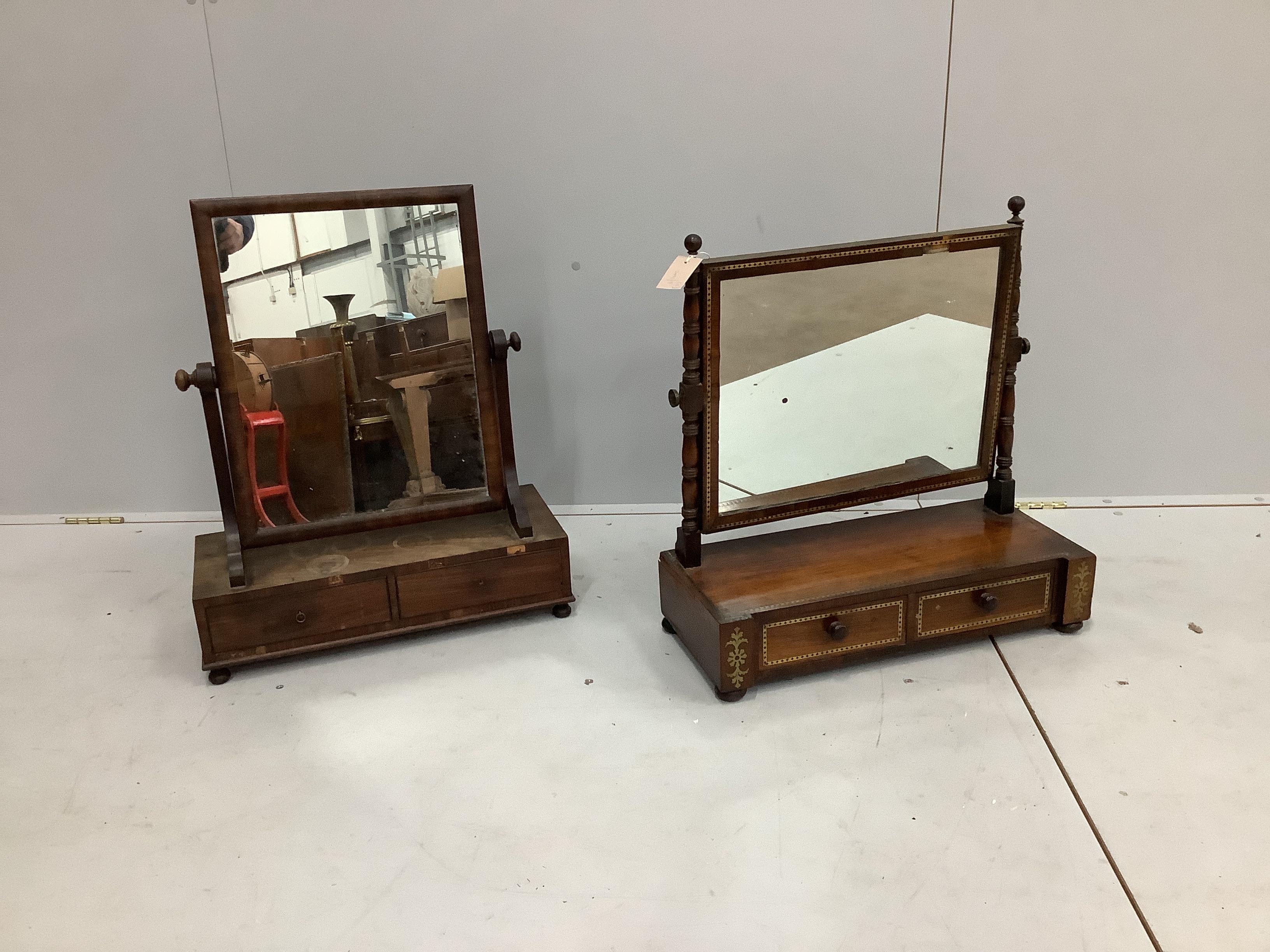 A Regency brass inlaid rosewood toilet mirror, width 57cm, height 60cm together with an early Victorian mahogany toilet mirror